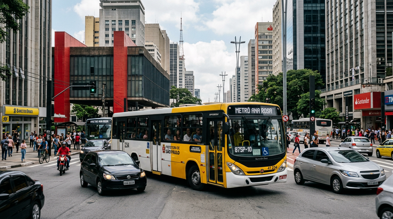 Ônibus de transporte coletivo urbano em via pública de São Paulo